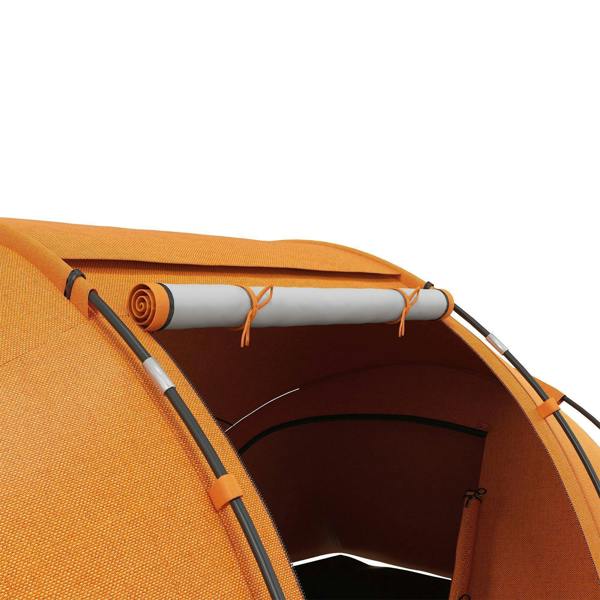 Orange tent roof fabric with support poles and rolled awning