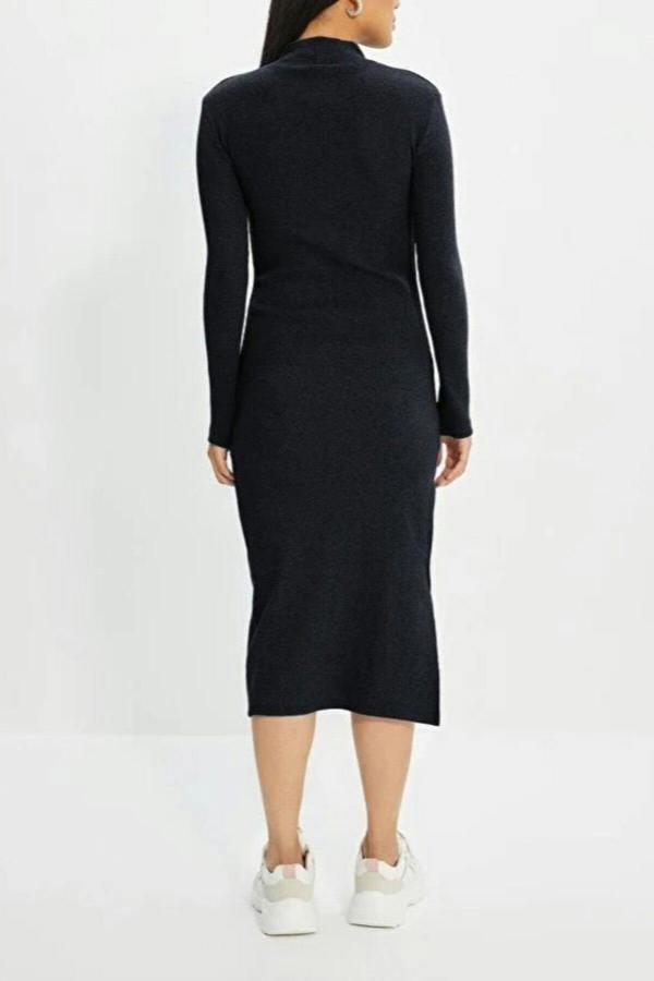 WOVCOR Crew Neck Midi Ribbed Stretch Knit Pencil Dress with Slit