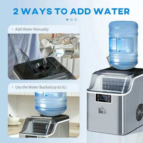 Silver-tone compact ice machine with top water inlet and front LCD control panel