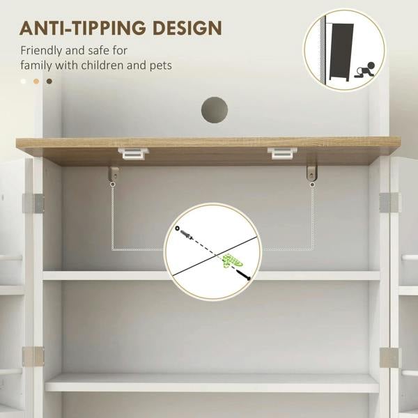 White kitchen storage cabinet with anti-tipping brackets and open top storage bay