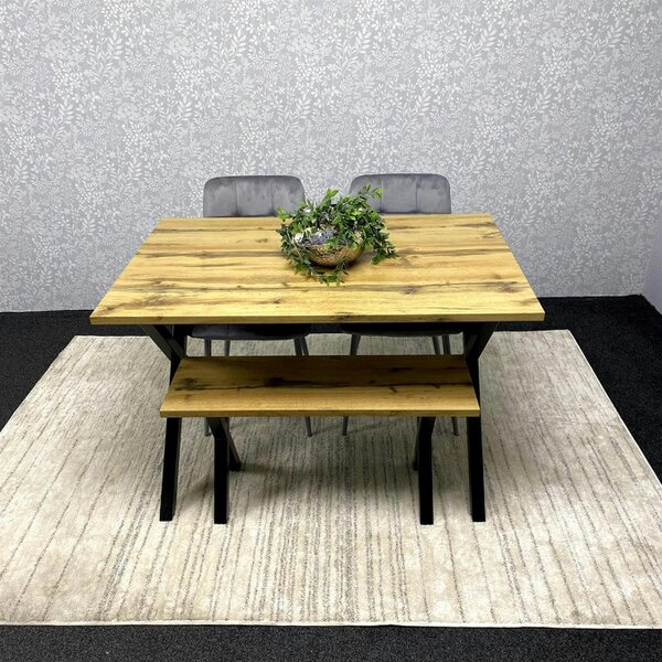 Kosy Koala Modern Dining Table Set with 2 Grey Velvet Chairs And Wooden Bench Dining Room Furniture