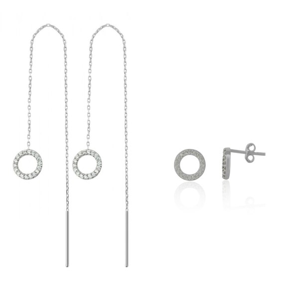 Spero London Circle Round One Drop One Stud Earrings Sterling Silver Set