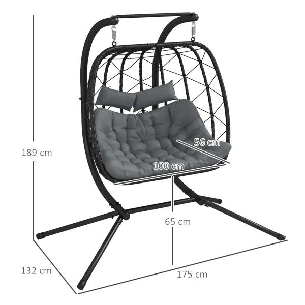 Black hanging egg chair with gray cushions, showing height and width measurements