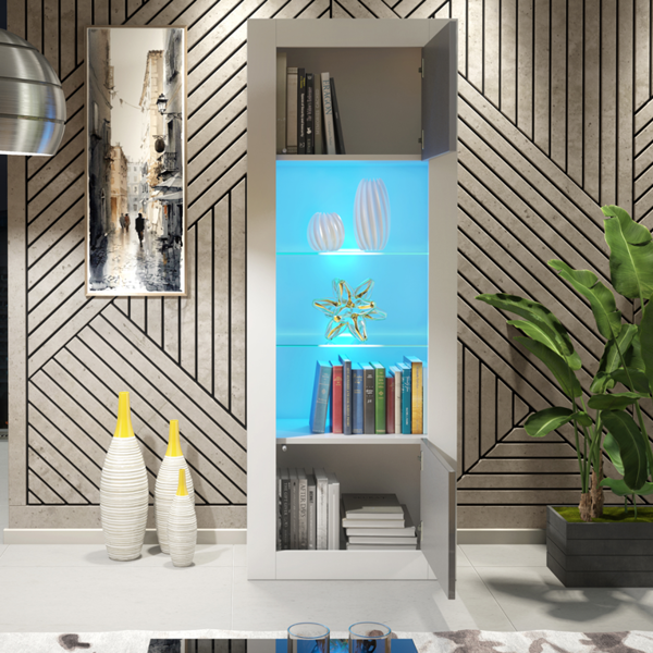 Mex Furniture 170cm Modern Display Cabinet – Grey High Gloss Doors
