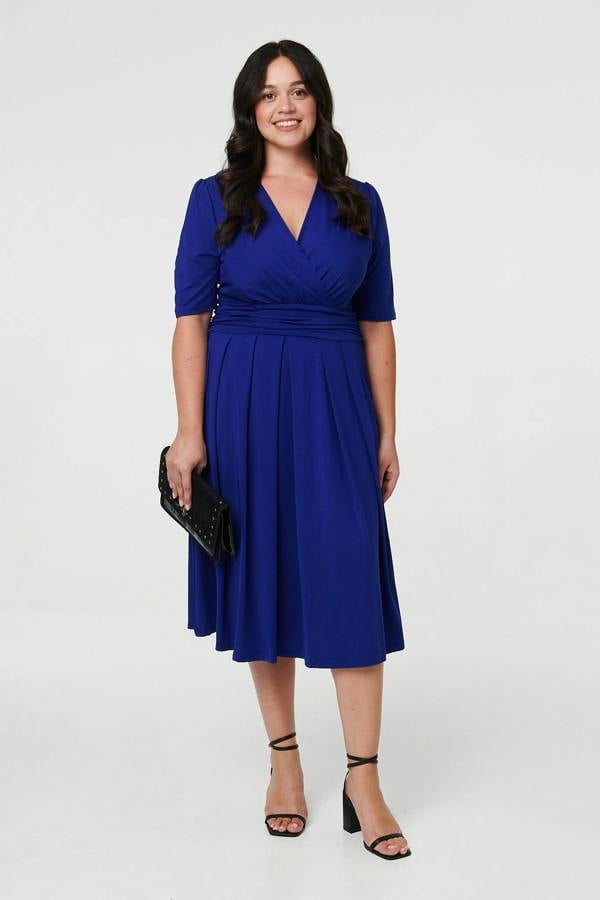 Blue | Curve Ruched Waist Faux Wrap Midi Dress