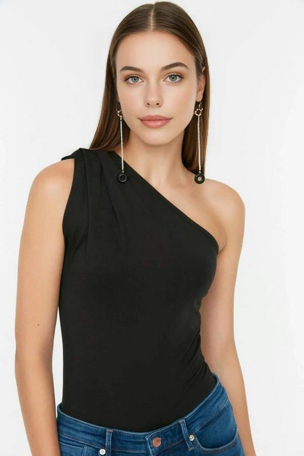 WOVCOR Printed Asymmetrical Collar Elastic Snap Button Knitted Bodysuit