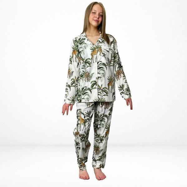 Hayley & Co Giraffe Print 100% Cotton Long Pyjama Set in White