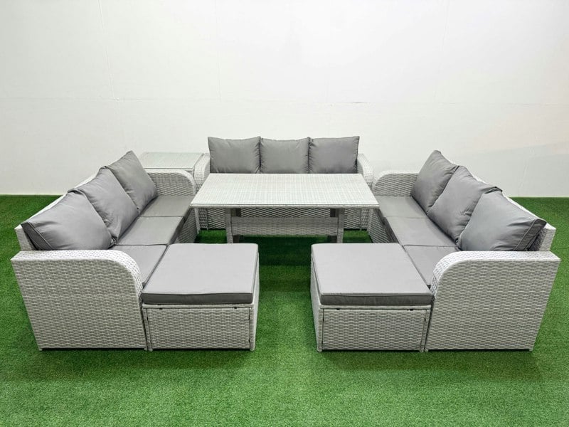 Fimous 11-Seater Light Grey PE Rattan Outdoor Lounge Set | Rectangular Dining Table, 3-Seater Sofa, 2 Footstools, Side Table