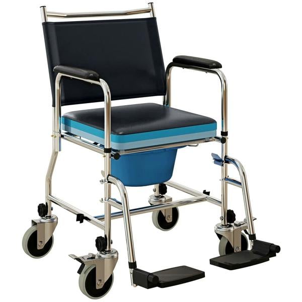 Black 3-in-1 commode wheelchair with cushioned seat, armrests, and four swivel casters