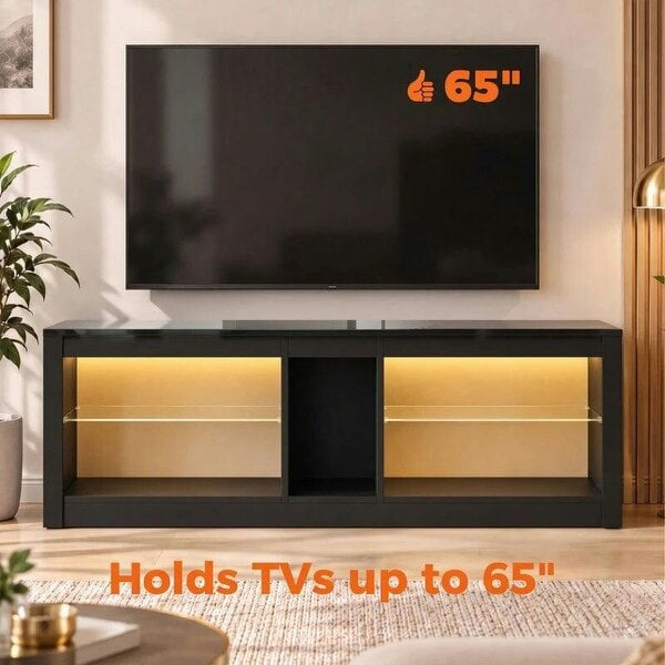 TV Stand Cabinet with LED Lights and Remote Control for TVs up to 65", Entertainment Centre with Storage Shelves, Black