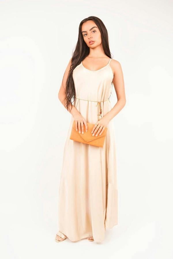 Liora Strappy Maxi Dress With Feather Tie Waist - Beige