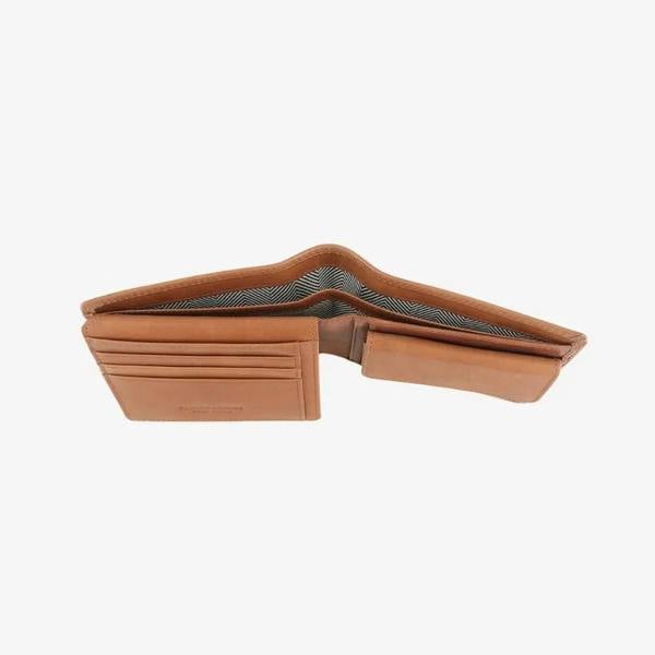 Tan leather wallet on a white background