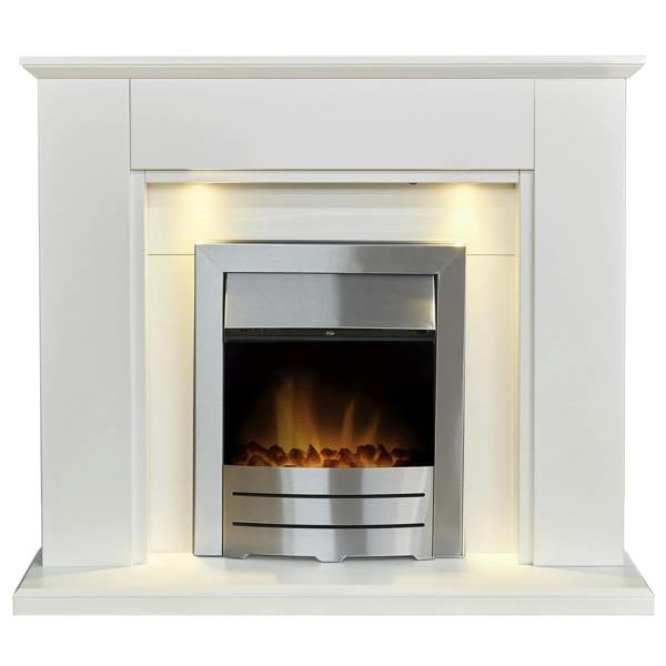 Adam Eltham Fireplace in Pure White with Downlights & Colorado Electric Fire in Brushed Steel, 45 Inch