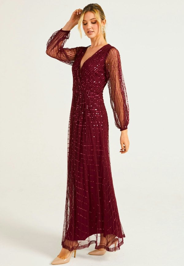 Embellished Long Mesh Sleeve Maxi Dress in Burgundy - ANGELEYE