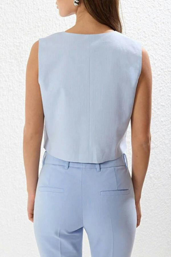 WOVCOR Crop Woven Linen Look Vest with Button Detail