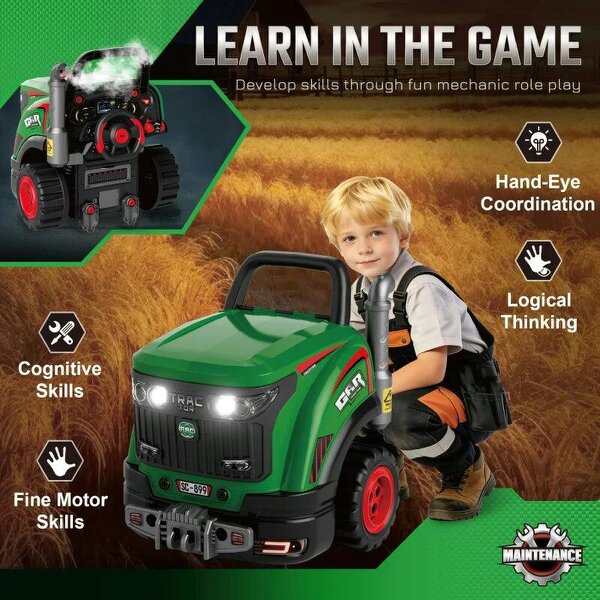 Bobobiy Kids Truck Engine Toy, Toy Steering Wheel with Spray, Lights and Sounds, Educational Gifts for 3-6 Years, Green