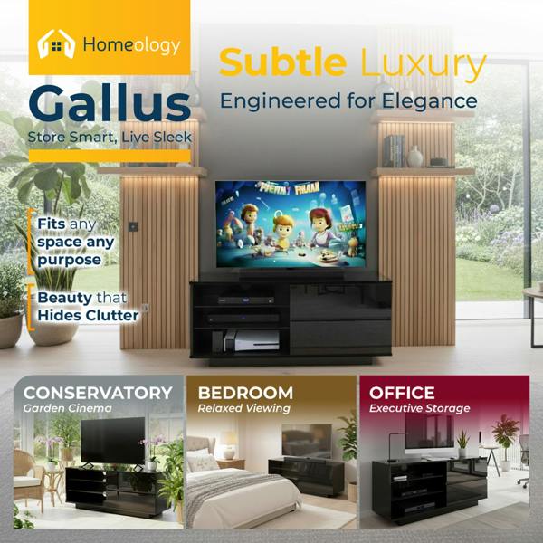 Homeology Gallus Gloss Black with 2-Black Drawers and 3-Shelf 32"-55" LED/LCD/Plasma Cabinet TV Stand