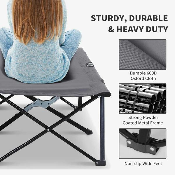 Grey camping cot bed with black cross-braced steel frame and fabric mattress