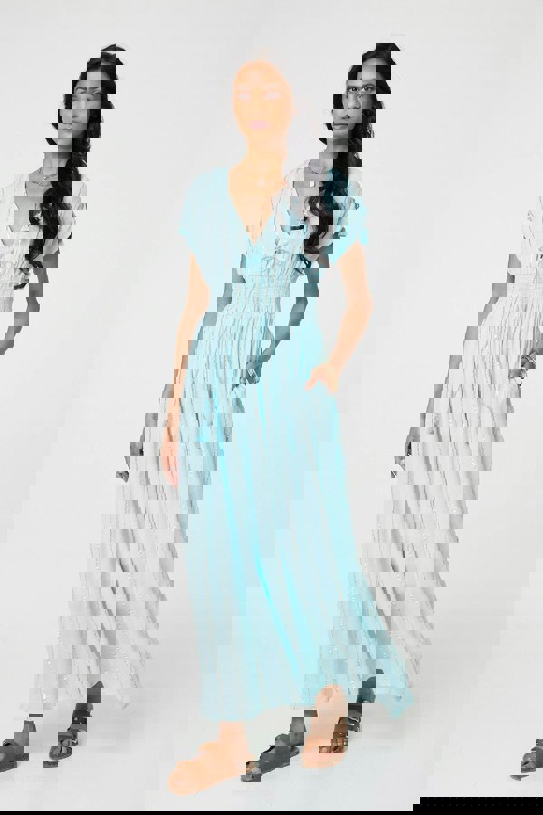 Light Blue | Striped Cap Sleeve Empire Maxi Dress