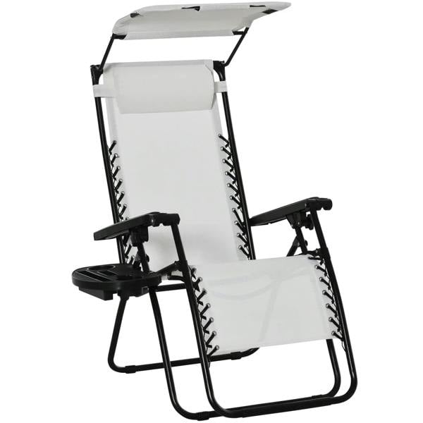 White folding patio sun lounger with adjustable reclining positions and cup holder tray