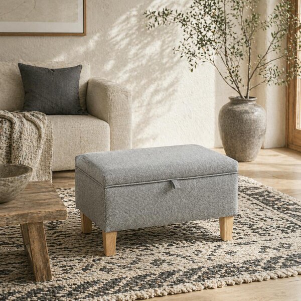 Wyld Haus Solo Linen Light Grey Storage Footstool With Storage Natural Wooden Legs