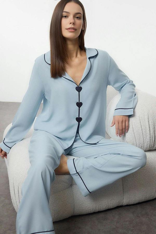 WOVCOR 2-Piece Heart Embroidered Viscose Woven Pajama Set