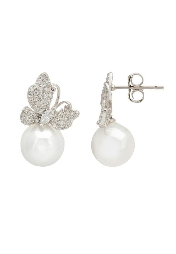 Pearl earrings with butterfly design on a white background