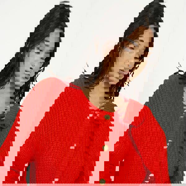 Brave Soul Red Round Neck Fisherman Knit Cardigan - Red Image 4