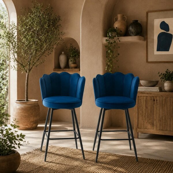 Wyld Haus Yovafi Set Of 2 Dark Blue Velvet Upholstered Lotus Style Bar Stools