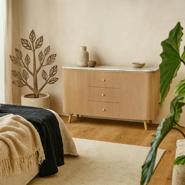 Wyld Haus Boston Natural Oak and Brown Marble 3 Drawer Sideboard