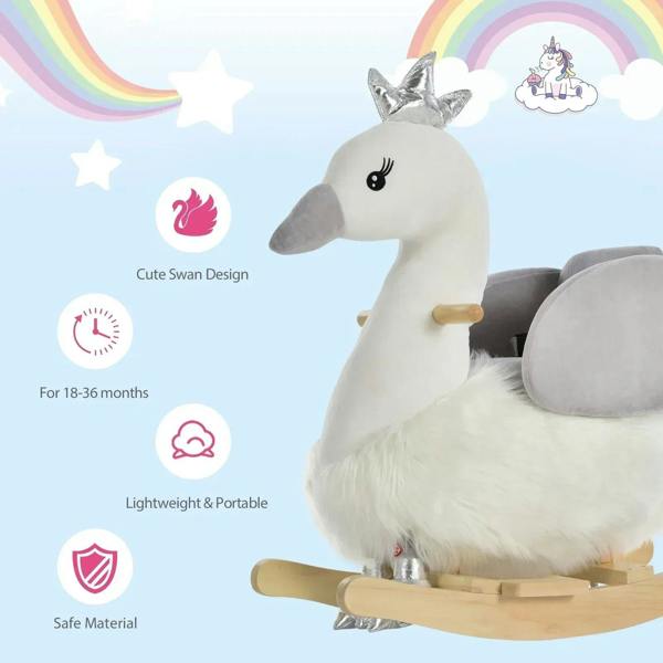 Plush white swan rocking toy with grey accents, wood base, and silver horn