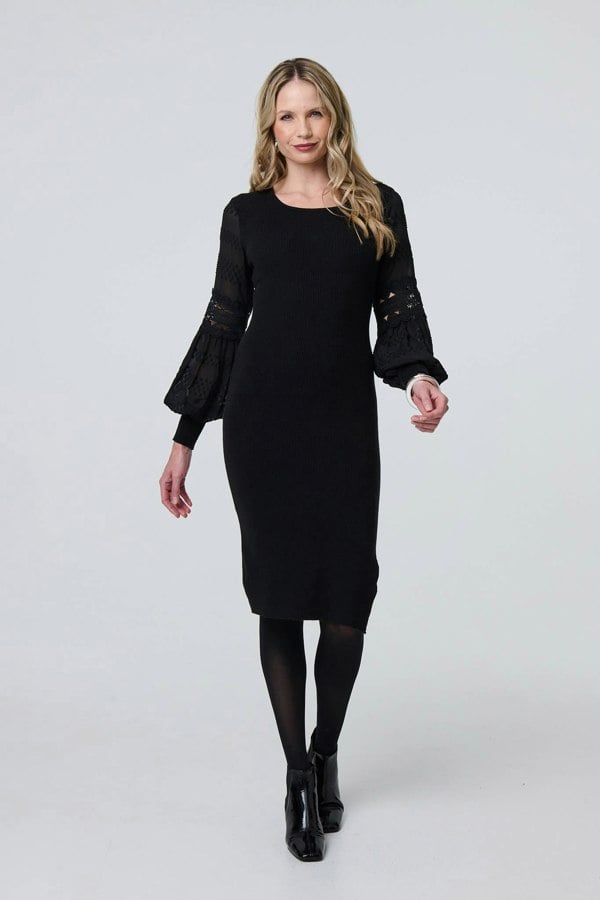 Black | Long Sheer Sleeve Bodycon Knit Dress

