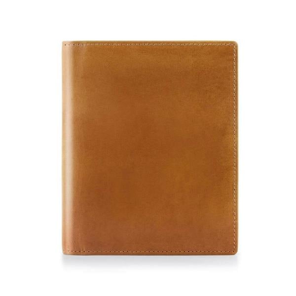 Tan leather wallet on a white background