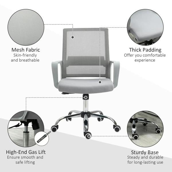 Grey mesh office chair with thick padded seat and gas-lift swivel base on durable casters