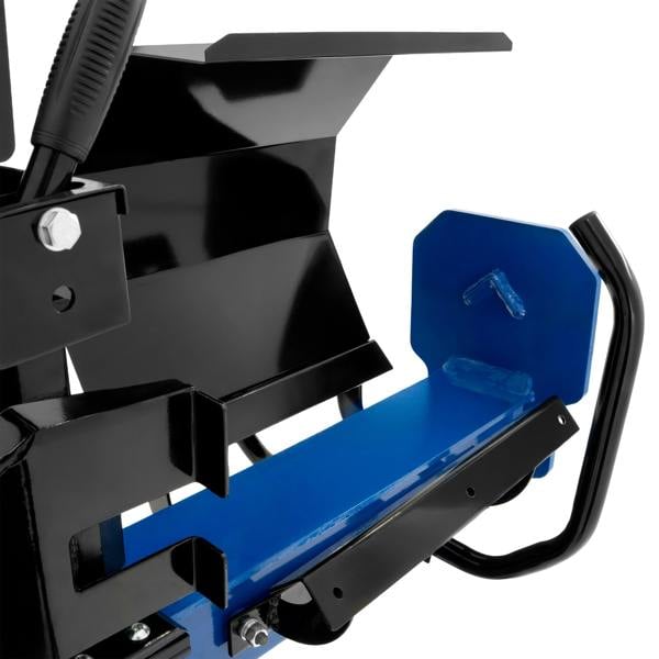 15T Log Splitter close-up showing sturdy black metal frame, blue splitting wedge, and textured grip handle for easy operation