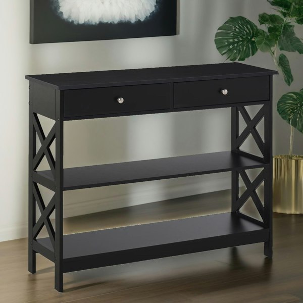 Rafaelo Mobilia 3 Tier Console Table With 2 Drawers Black