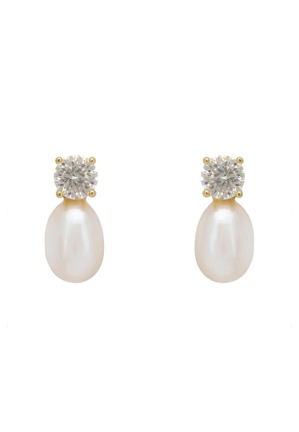 Pair of pearl earrings with diamond-like stone tops on a white background