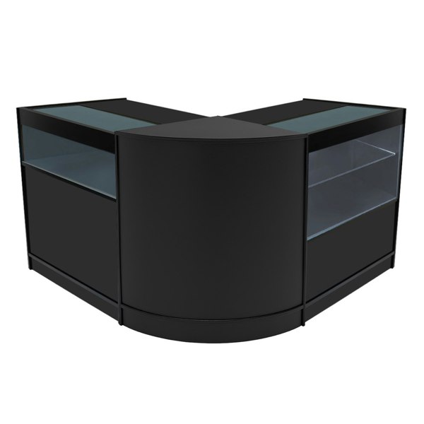 Black Adonis LED Shop Counter Set featuring a sleek, modern design with glass display sections and smooth, curved edges