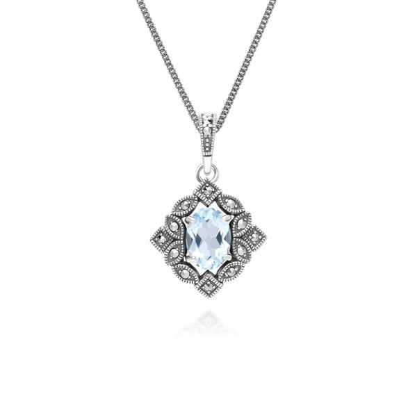 Gemondo Art Deco Style Oval Blue Topaz & Marcasite Pendant Necklace in Sterling Silver