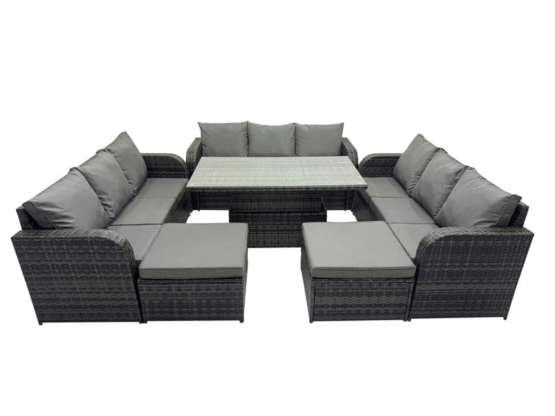 Fimous Rattan Garden Furniture Dining Set 11 seater Patio Height Adjustable Rising Lifting Table Sofa Set with 2 Big Footstools Dark Grey Mixed