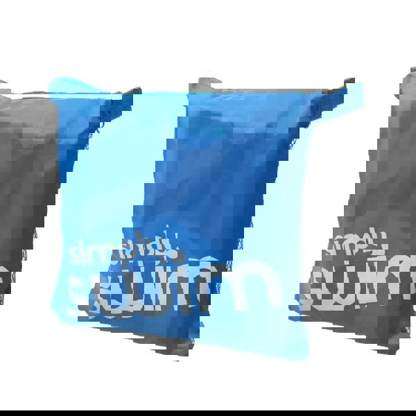 Blue Simply Swim mesh bag with white text on large microfibre towel