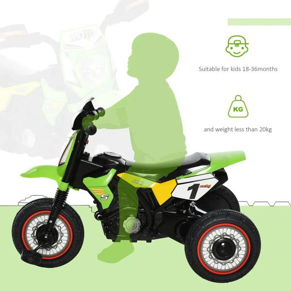 Green and yellow kids pedal motorcycle trike with number plate, seat, and large front and rear wheels.