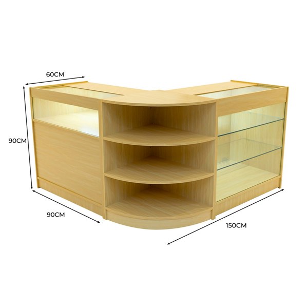 Maple LED shop counter set featuring a modern design with curved edges, glass display shelves, and ample storage space