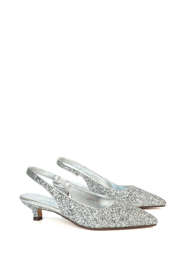 XY LONDON Pointed Toe Glitter Slingback Kitten Heel Court Shoes