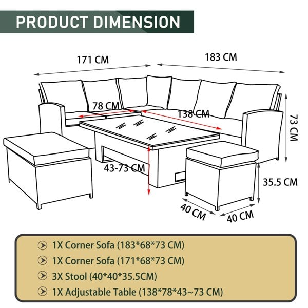 Furniture One 9 Seater Rattan Patio Dining Table Set with Table, Padded Corner Sofa, 3 Stool Outdoor Corner Sofa Set, All-Weather Patio Set