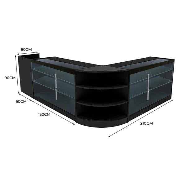 Astro LED Shop Counter Set in black, featuring glass shelves, a sleek curved design, and dimensions of 210cm x 90cm x 60cm