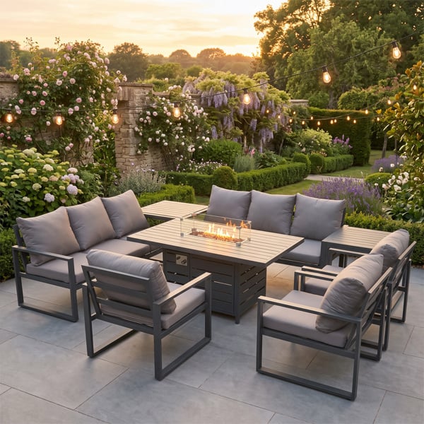 Fimous 9 Seater Aluminium Garden Furniture Set with Gas Fire Pit Dining Table, 2 Sofas, 3 Armchairs & 2 Side Tables - Dark Grey