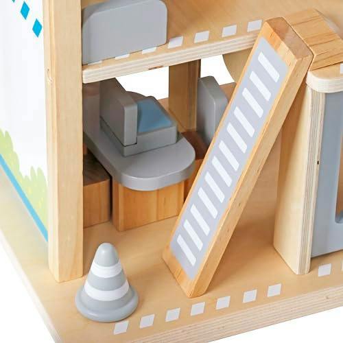 HYGRAD® Wooden Police Station Playset for Kids – Multilevel Pretend Play Toy Dollhouse, 3-Level with Figures, Car, Helicopter Pad, Prison Cell