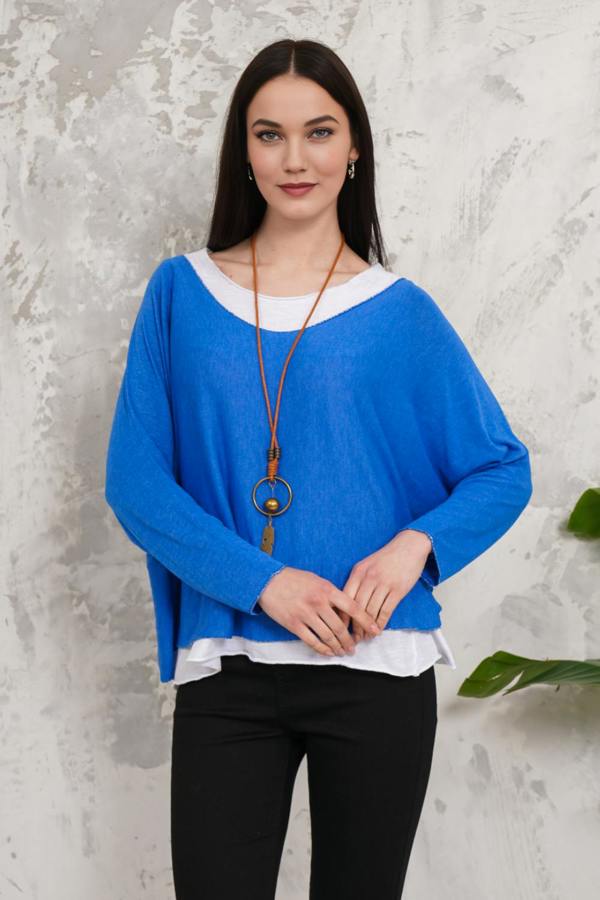 Hoxton Gal Oversized Long Sleeves Double Layered Top in Blue