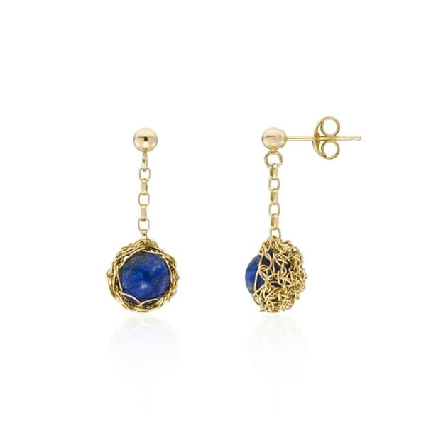 Aelita Jewellery Hand Crocheted Yellow Gold Dangle Round Earrings With Lapis Lazuli